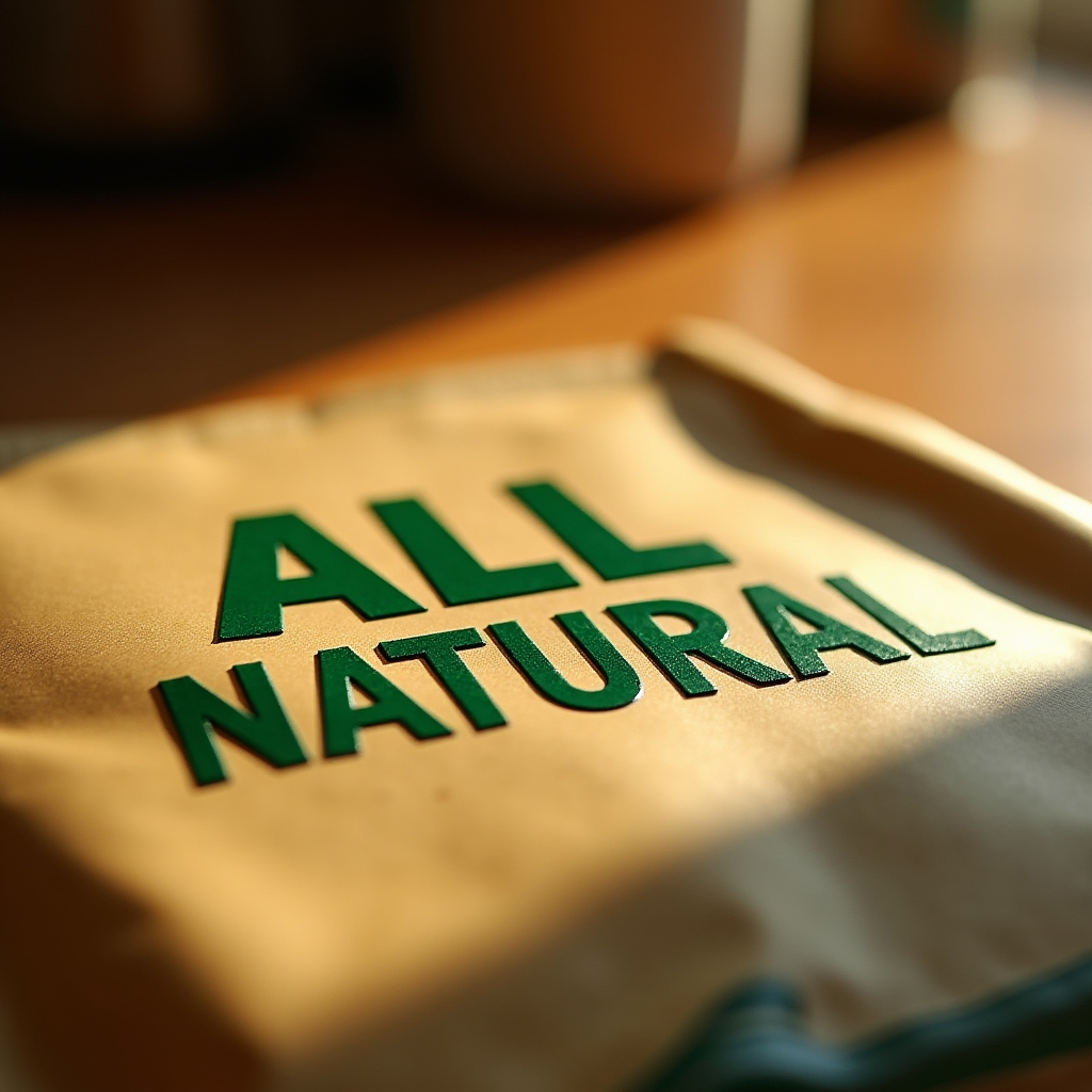Close-up of the words All Natural printed on a food package under warm golden light