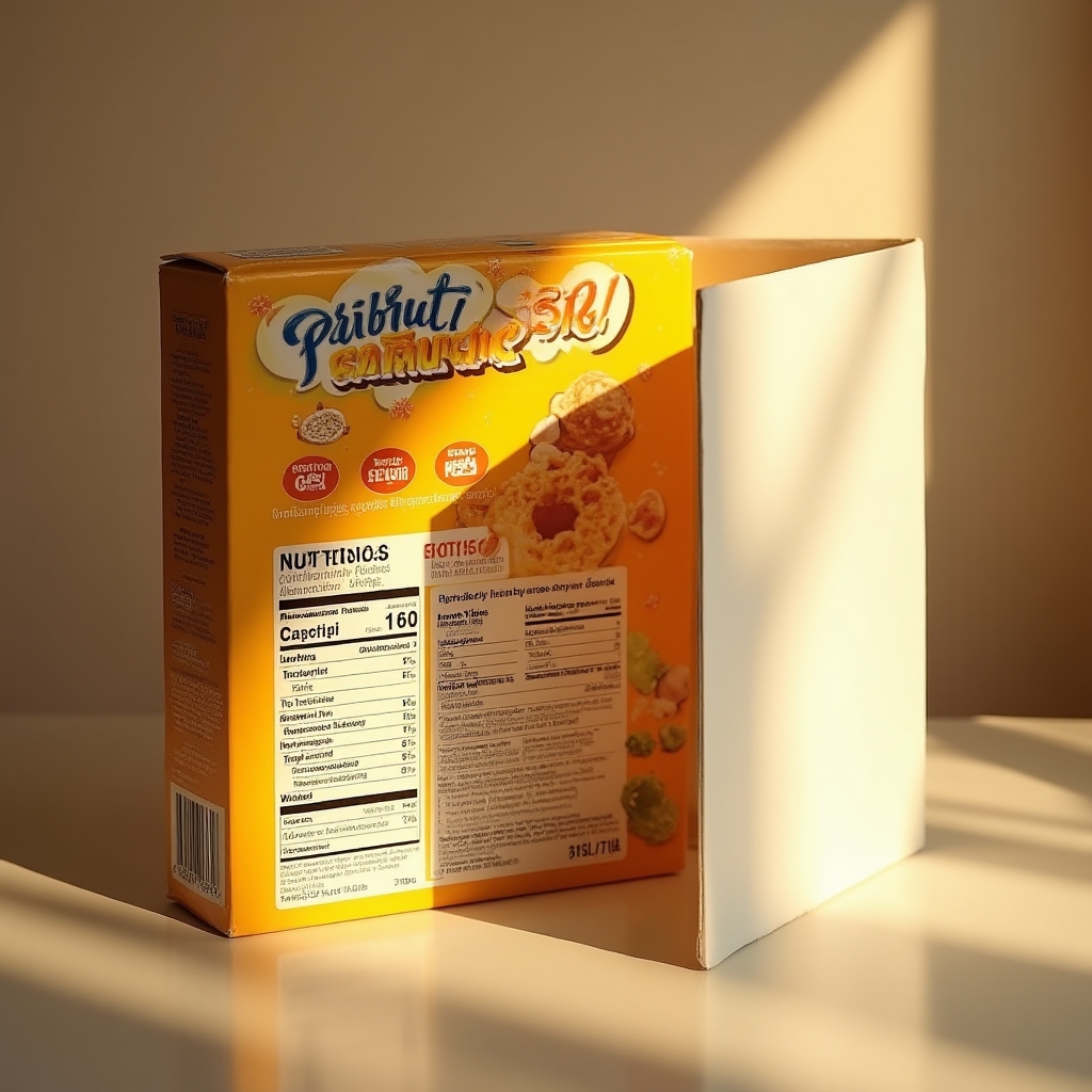 A cereal box photographed from the side showing both the colorful front panel and the plain nutrition panel on the back