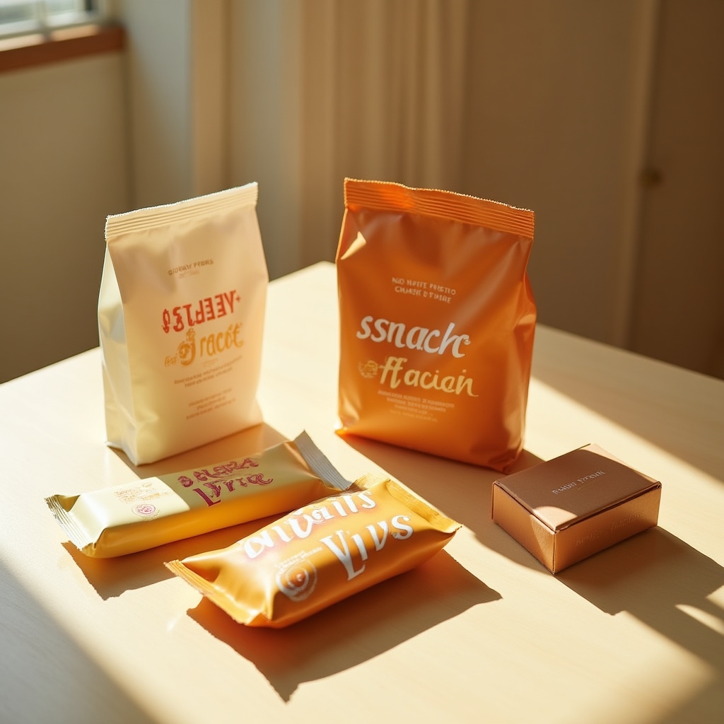 Assortment of sugar-free packaged snack products arranged on a table with warm side lighting