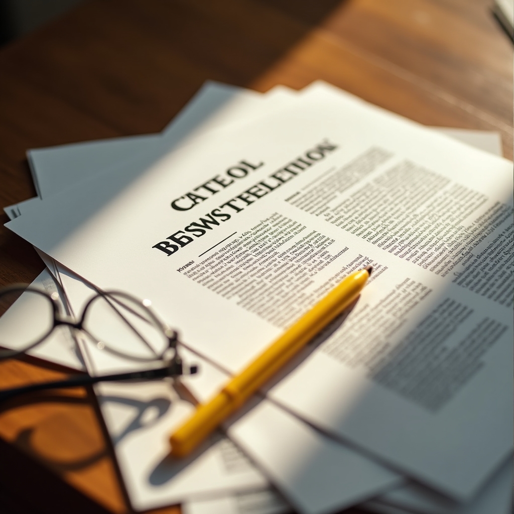 Printed federal regulation documents and a highlighter arranged on a wooden desk under warm late afternoon window light