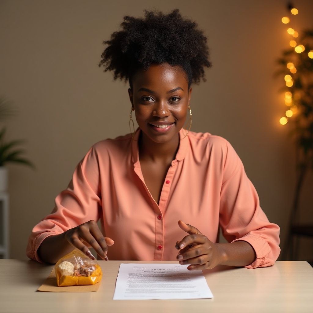 Recorded lesson thumbnail showing a presenter at a desk with a food package and printed regulatory document, warm studio lighting