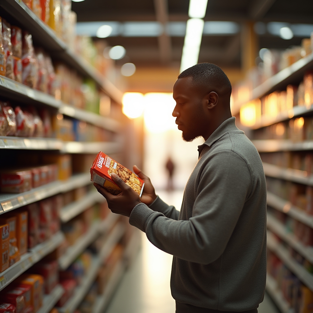 Person examining the back of a packaged food label in a grocery aisle under warm evening light