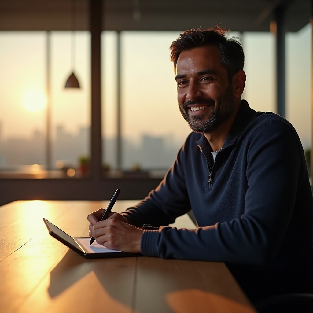 Man in his early forties writing notes on a tablet at a wooden conference table with soft golden hour lighting