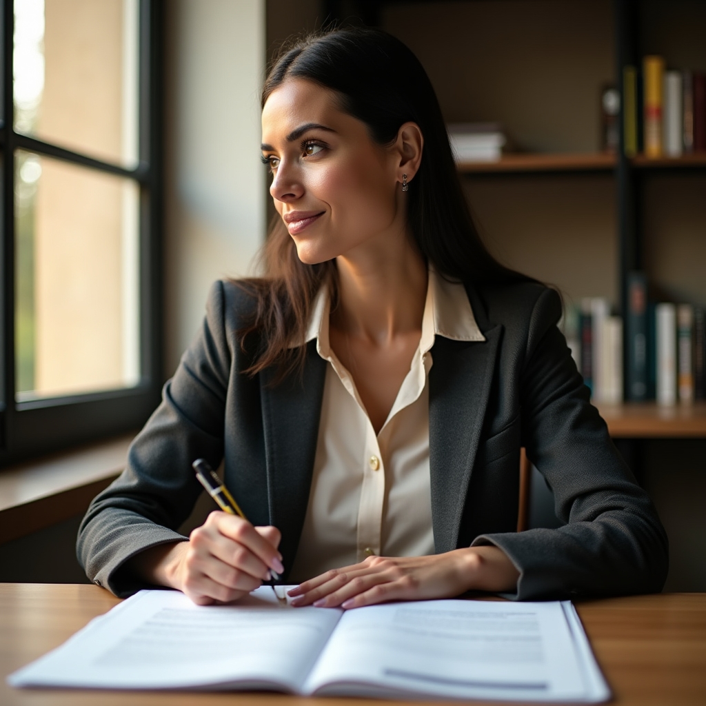 Woman in her late thirties reviewing printed regulatory documents at a desk with warm late-afternoon light through a window