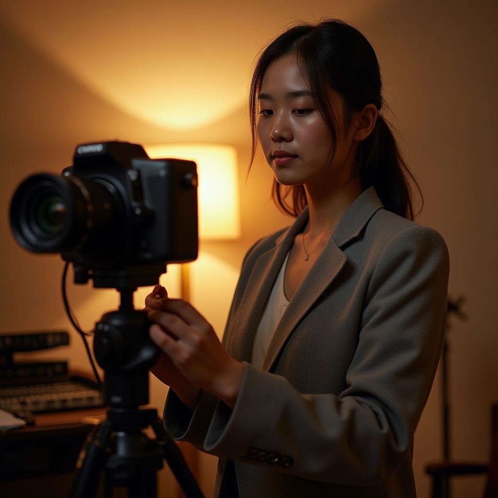 Woman in her thirties setting up recording equipment in a small studio with warm ambient lighting