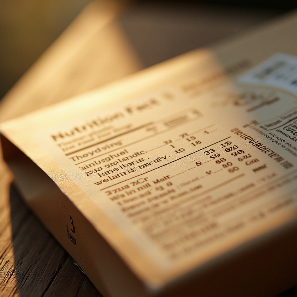 Close-up of a printed Nutrition Facts panel on a food package with warm directional light highlighting the serving size line