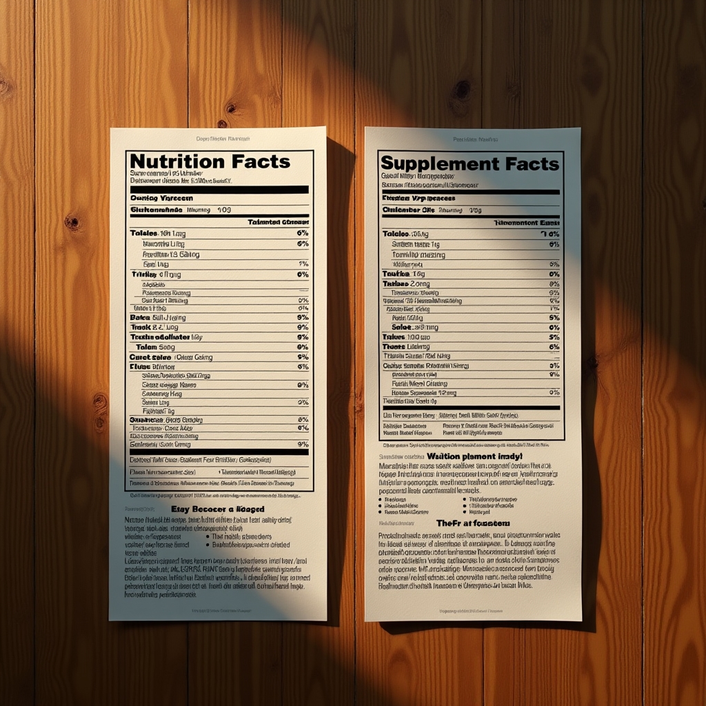 Two label panels placed side by side on a wooden surface comparing a Nutrition Facts panel and a Supplement Facts panel